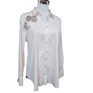 CHICO'S‎ 1.5 Button Blouse Top White Shirt M/10 Artsy Western Country Flowers